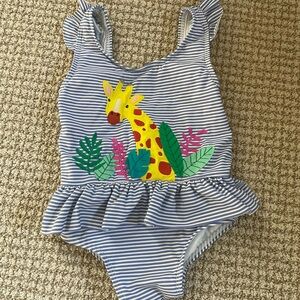 Mini Boden Blue and White Striped Girls Swimsuit with Ruffle Skirt